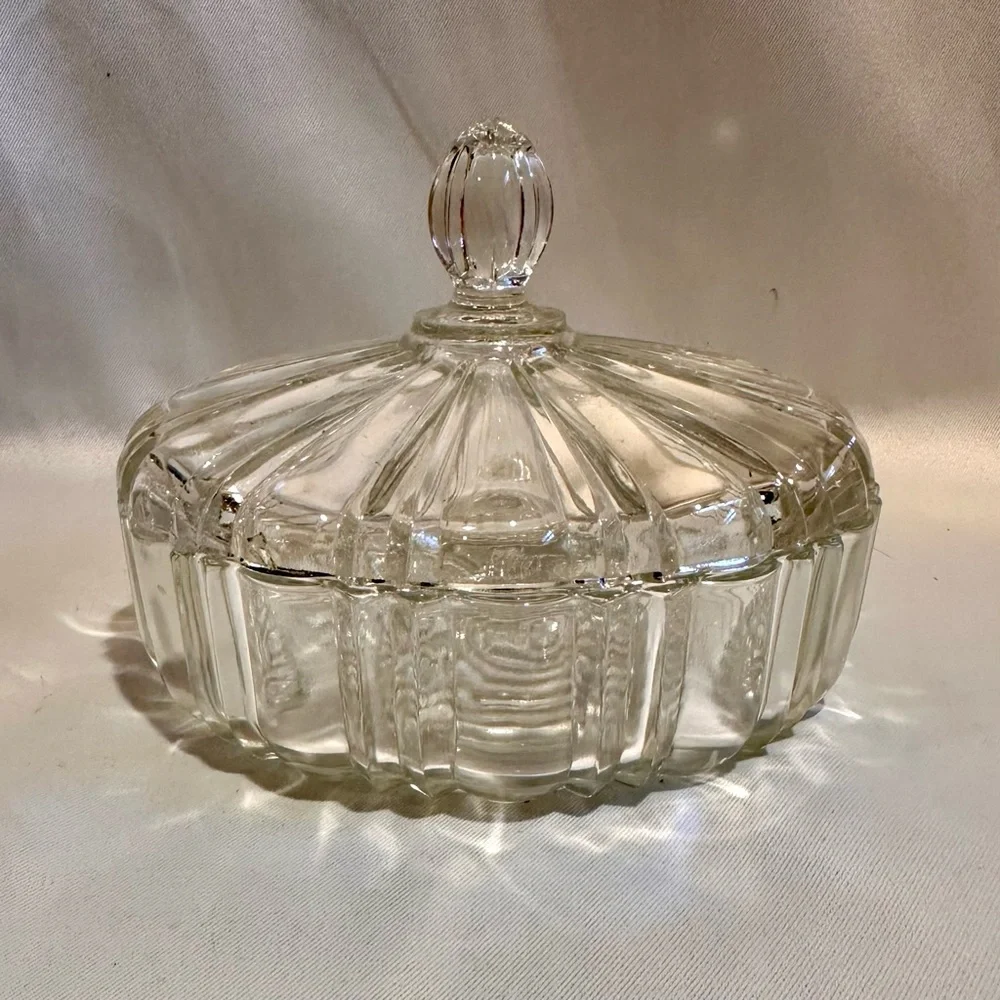Vintage Clear Glass Candy Dish Nut Dish with Lid, Art Deco Depression Glass